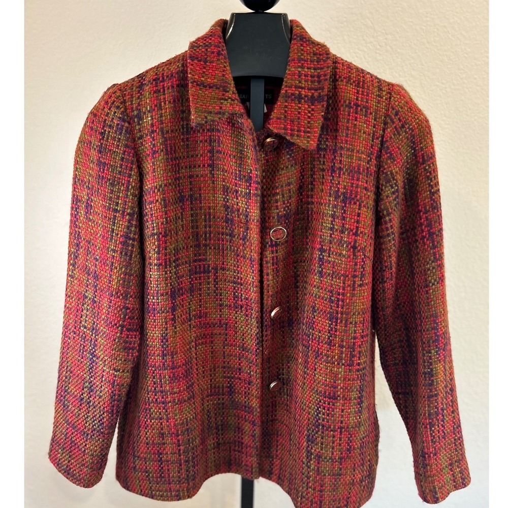 Y2K Wear Abouts Women's Blazer Jacket Red Multi Color Tweed Size 12 Button Front